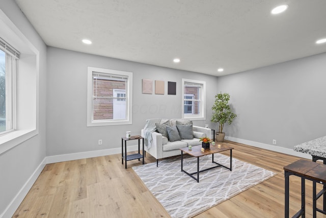 living room featuring plenty of natural light, a textured ceiling, and light hardwood / wood-style floors