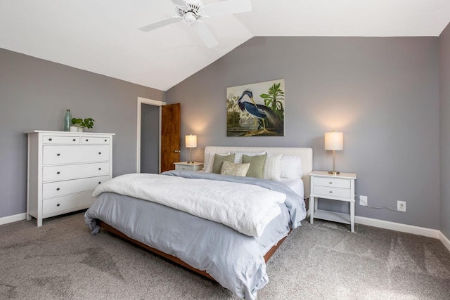 carpeted bedroom featuring vaulted ceiling, baseboards, and ceiling fan