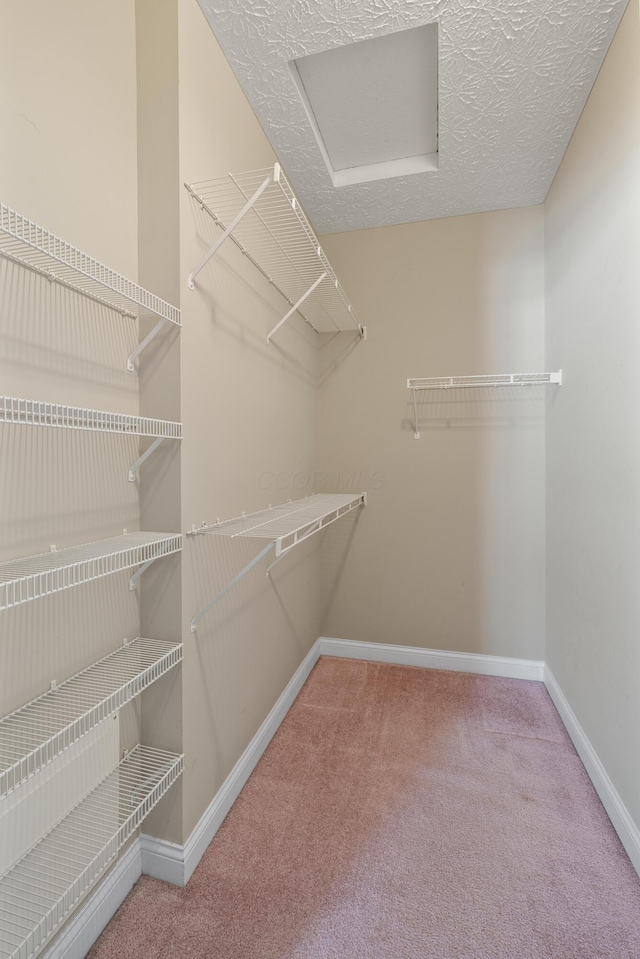 spacious closet with carpet and attic access