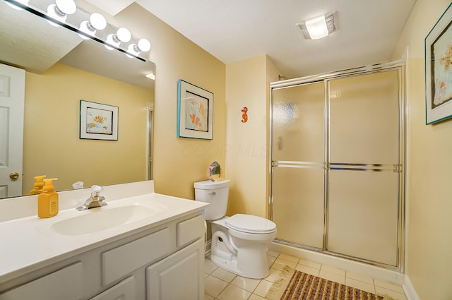 bathroom with tile patterned floors, an enclosed shower, and toilet