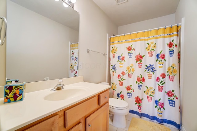 full bath with visible vents, a shower with curtain, toilet, tile patterned flooring, and vanity