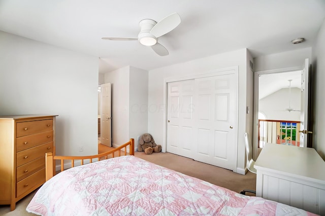 bedroom with a closet, carpet floors, and ceiling fan