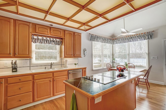 kitchen featuring black electric stovetop, dishwasher, decorative backsplash, light wood-style flooring, and a sink