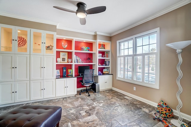 office with stone finish floor, a ceiling fan, baseboards, and ornamental molding