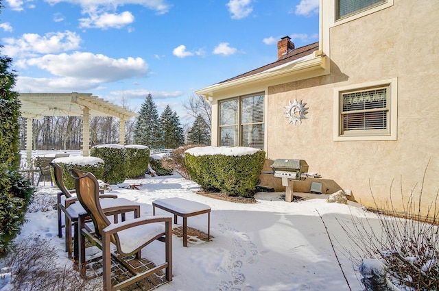 snow covered patio with grilling area