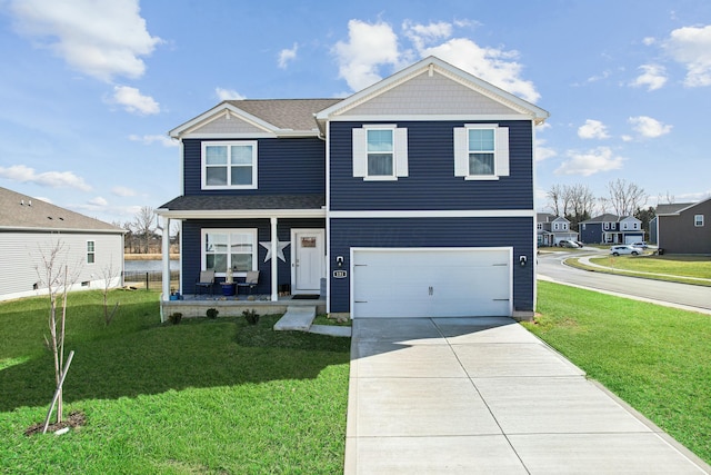 view of front of property featuring roof with shingles, a porch, concrete driveway, an attached garage, and a front lawn