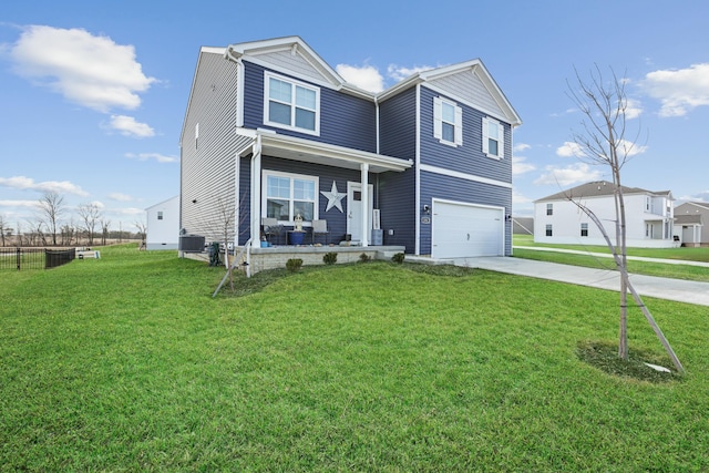 traditional-style house with a garage, central AC, concrete driveway, and a front yard