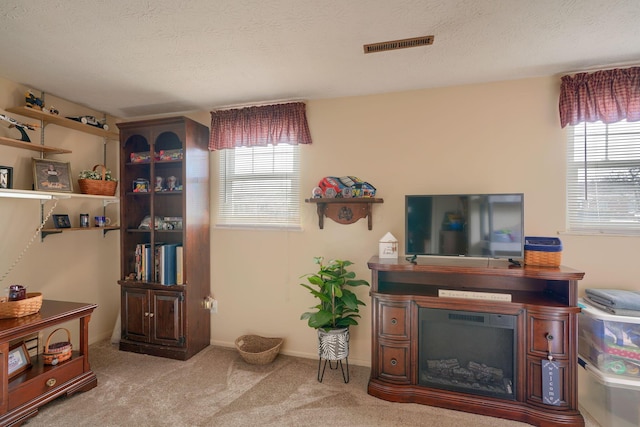 living area with light colored carpet, a healthy amount of sunlight, visible vents, and a textured ceiling