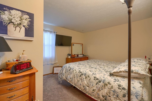 bedroom featuring carpet flooring, baseboards, and a textured ceiling