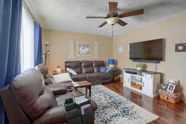 living room featuring a healthy amount of sunlight, dark wood finished floors, and a textured ceiling