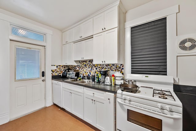 kitchen featuring white cabinetry, sink, and white appliances