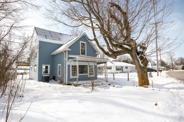 exterior space featuring covered porch and central air condition unit