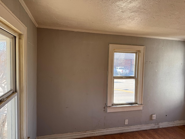 empty room featuring ornamental molding, wood-type flooring, a textured ceiling, and a healthy amount of sunlight