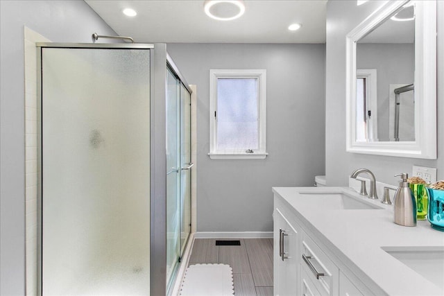 full bathroom with a shower stall, baseboards, double vanity, wood finished floors, and a sink