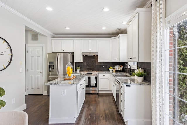 kitchen featuring light stone countertops, appliances with stainless steel finishes, a sink, and a center island