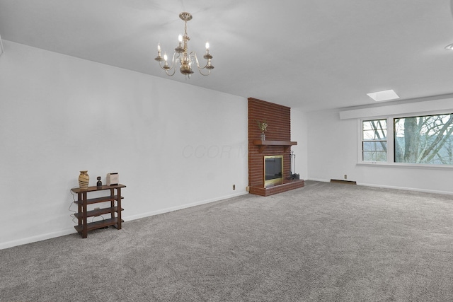 unfurnished living room featuring carpet, a fireplace, and baseboards