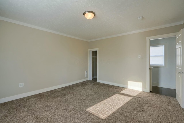 unfurnished room with carpet, crown molding, and a textured ceiling