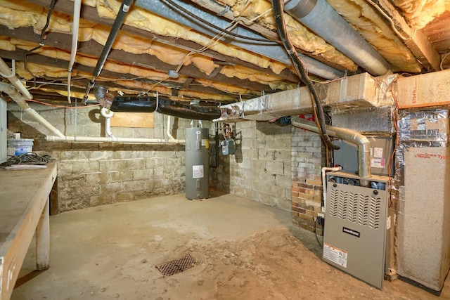 basement with heating unit and electric water heater