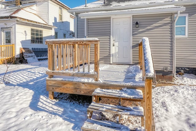 view of snow covered deck