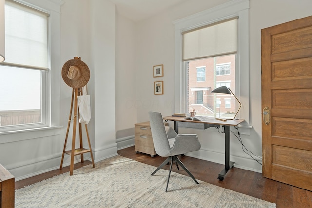 office space with wood finished floors and baseboards