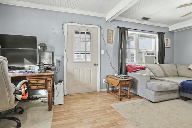 entrance foyer featuring light hardwood / wood-style flooring, cooling unit, ceiling fan, crown molding, and beamed ceiling