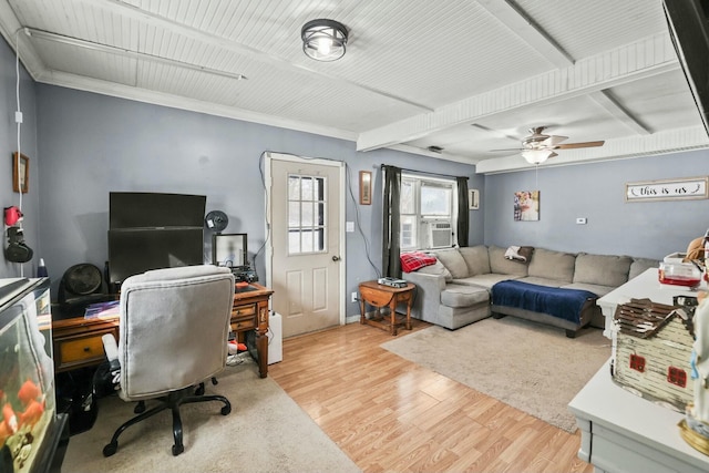 office featuring cooling unit, light hardwood / wood-style floors, and ceiling fan