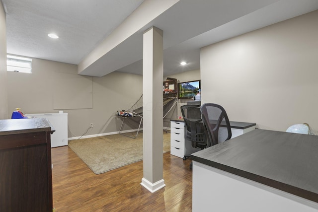 office space featuring dark wood-style floors, baseboards, and recessed lighting