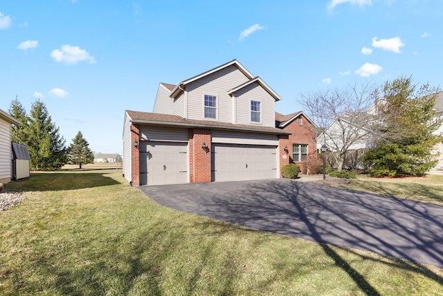 view of front of property with aphalt driveway, a garage, brick siding, and a front lawn