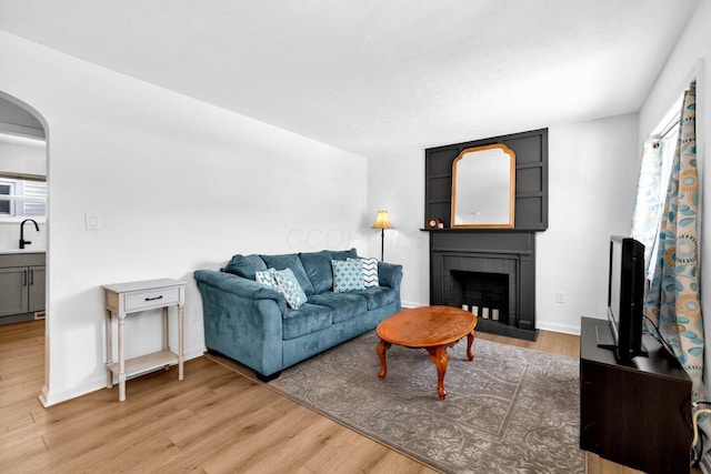 living room featuring hardwood / wood-style flooring, sink, a large fireplace, and a wealth of natural light