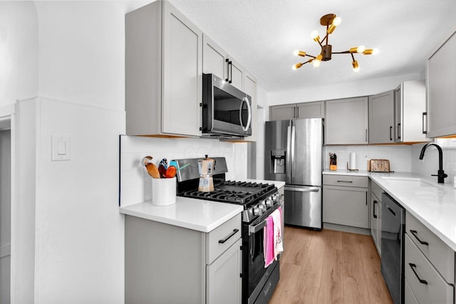 kitchen featuring appliances with stainless steel finishes, gray cabinetry, light hardwood / wood-style floors, backsplash, and sink