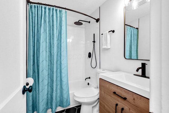 full bathroom with a textured ceiling, toilet, vanity, and shower / bathtub combination with curtain