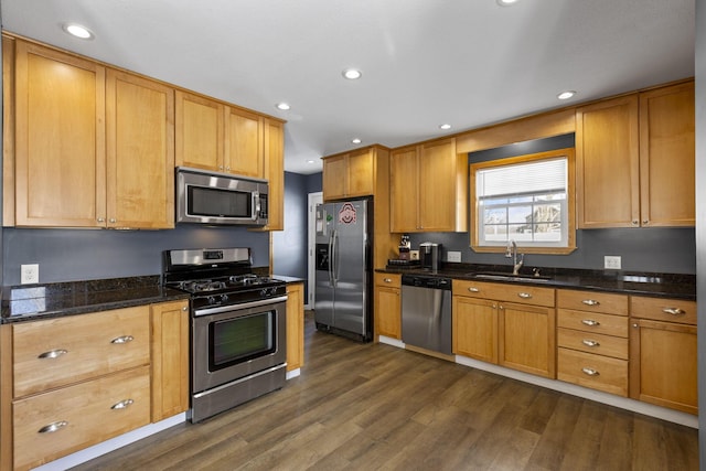 kitchen with appliances with stainless steel finishes, sink, dark stone counters, and dark wood-type flooring