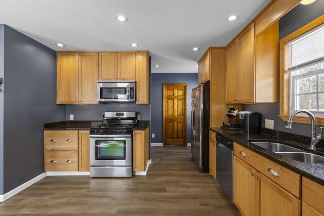 kitchen with stainless steel appliances, dark stone counters, dark hardwood / wood-style flooring, and sink