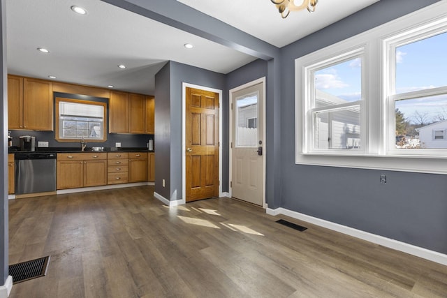 kitchen featuring sink, dark wood-type flooring, and stainless steel dishwasher