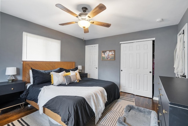 bedroom featuring dark wood-style floors, a closet, ceiling fan, and baseboards