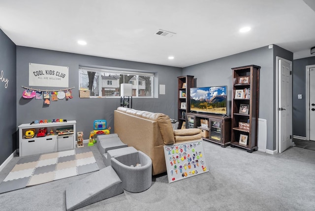 playroom with recessed lighting, carpet, and baseboards