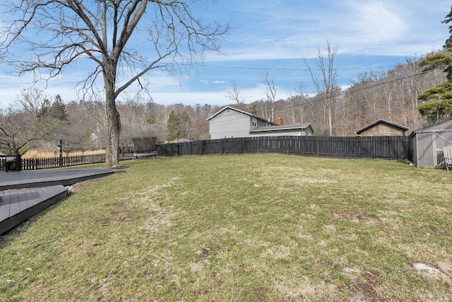 view of yard with a fenced backyard and a deck