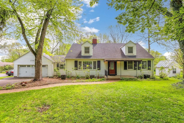 cape cod home with asphalt driveway, a chimney, a front yard, and a porch