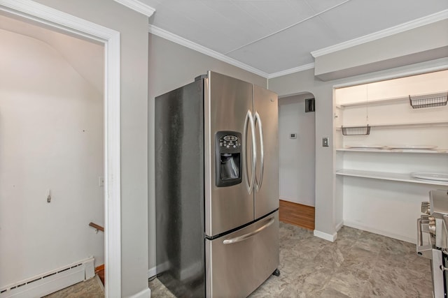 kitchen featuring stainless steel fridge with ice dispenser, baseboard heating, crown molding, arched walkways, and baseboards