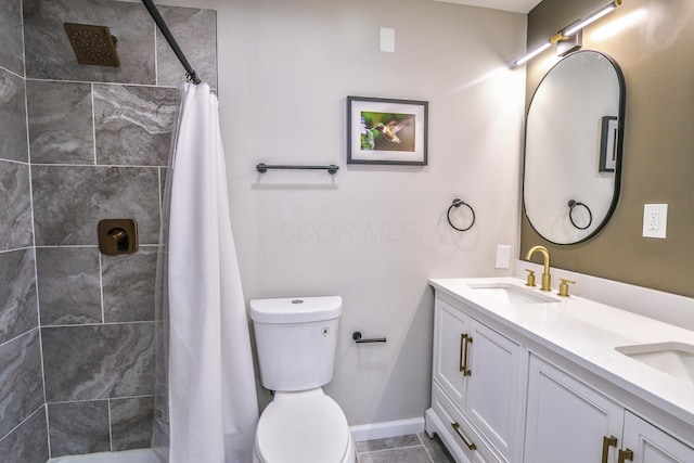 bathroom with tile patterned flooring, vanity, toilet, and walk in shower