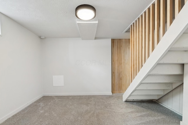 basement with light carpet and a textured ceiling