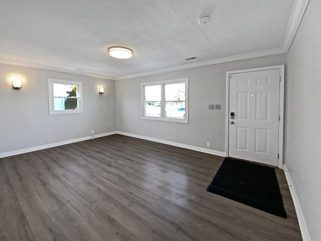 entryway featuring crown molding and dark hardwood / wood-style floors