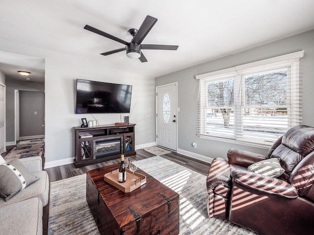 living room featuring hardwood / wood-style flooring and ceiling fan