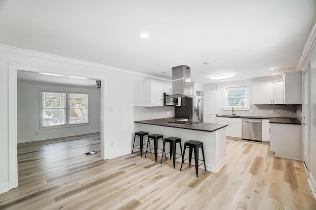 kitchen featuring white cabinetry, kitchen peninsula, stainless steel appliances, sink, and ornamental molding