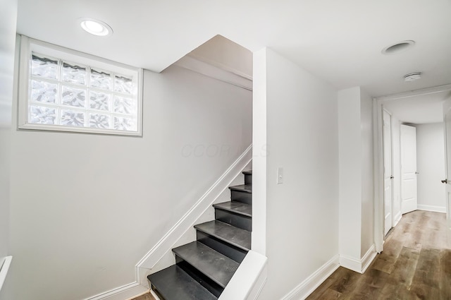 stairway with hardwood / wood-style flooring