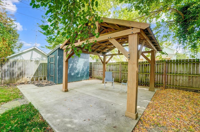 view of patio featuring a shed