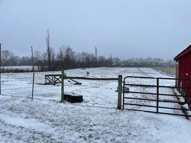 yard covered in snow featuring fence and a gate