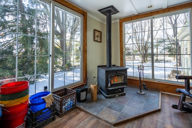 details featuring ornamental molding, wood finished floors, and a wood stove