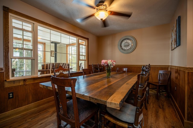 dining area with a wainscoted wall, a textured ceiling, dark wood-style flooring, and wood walls