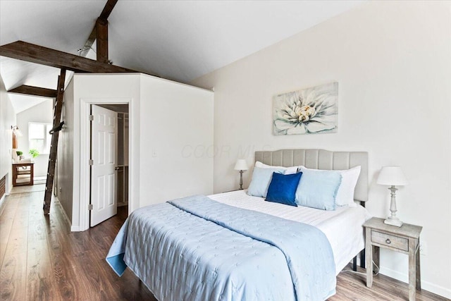 bedroom with lofted ceiling with beams and wood-type flooring